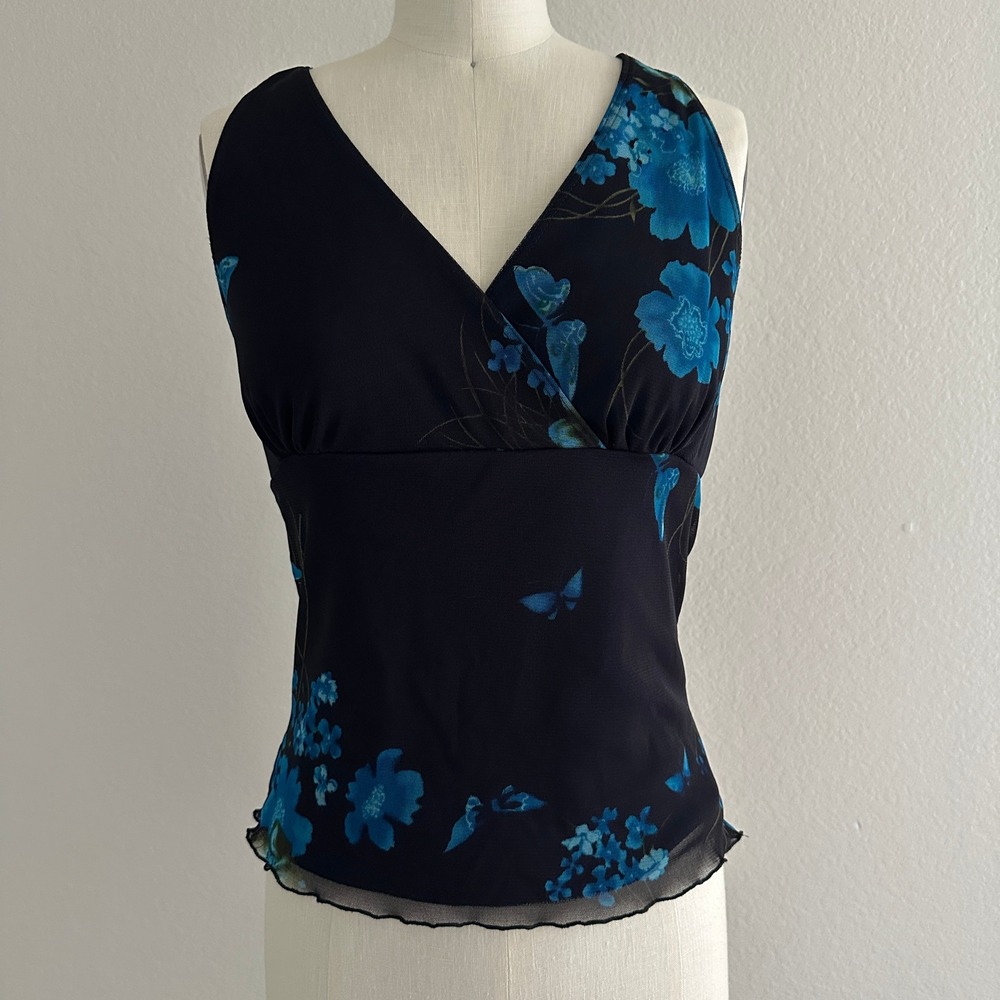 Eye Candy Floral Butterfly Mesh Tank Top Women S Black Blue Y2K Whimsigoth